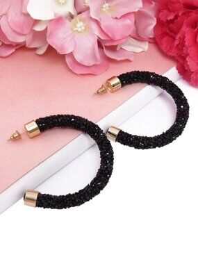 Black Crystal Hoop Earrings for Women Sparkling Beaded Round Hoop Earrings